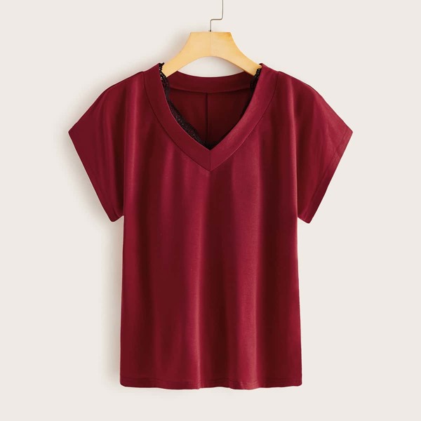 

V-neck Contrast Lace Tee, Burgundy