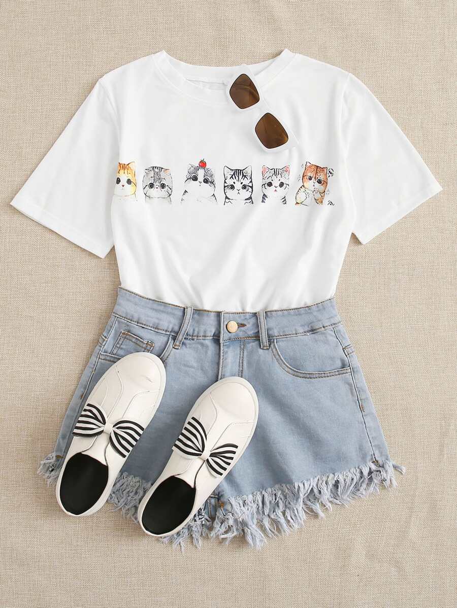 Camiseta con estampado de gato de dibujos animados - Blanco - Ver 1