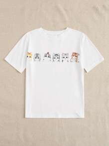Camiseta con estampado de gato de dibujos animados - Blanco - Ver 4