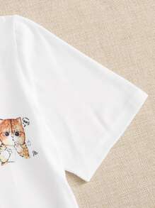 Camiseta con estampado de gato de dibujos animados - Blanco - Ver 5