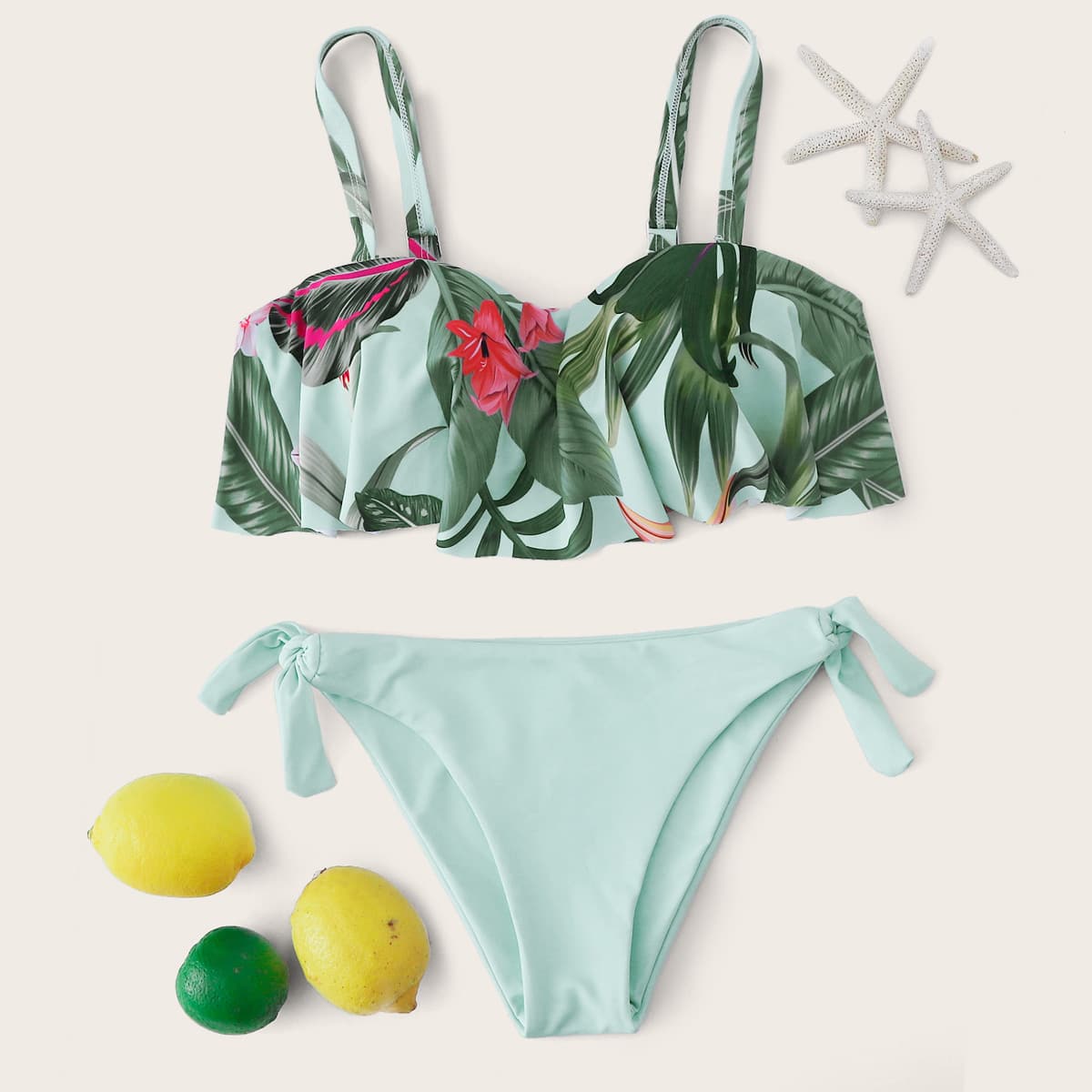 

Tropical Ruffle Push Up Tie Side Bikini Swimsuit, Green