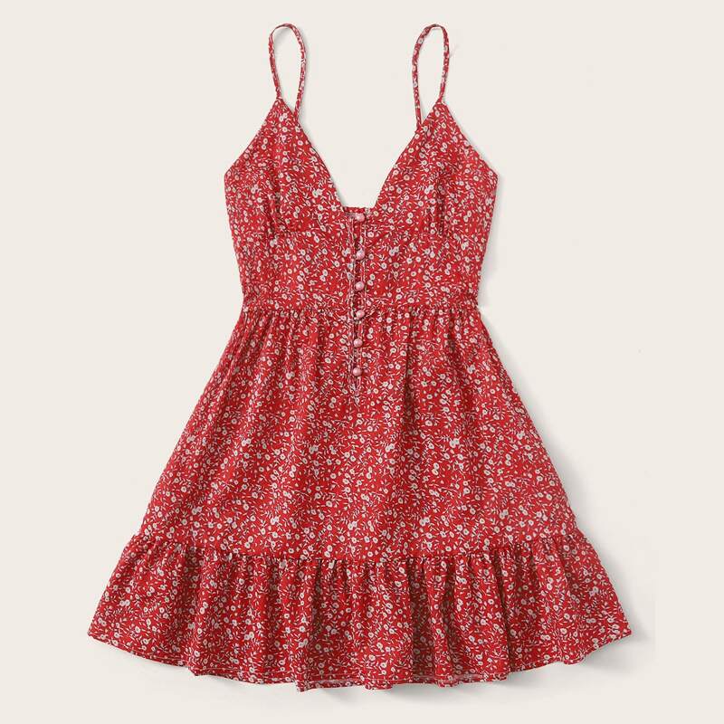 

Ditsy Floral Pearls Button Ruffle Hem Cami Dress, Red