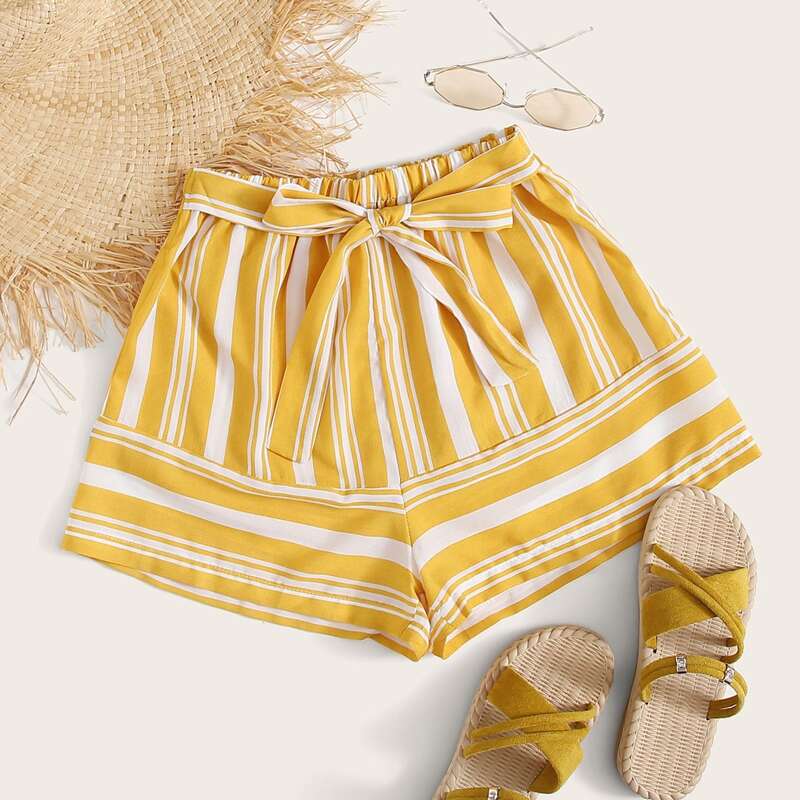 

Striped Elastic Waist Belted Shorts, Yellow