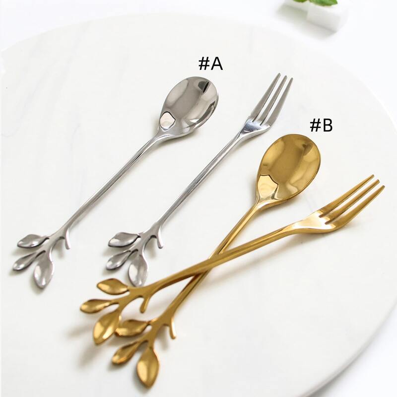 

1pc Leaf Design Handle Spoon & 1pc Fork, Silver