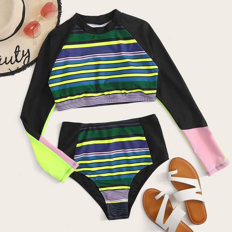 

Striped High Waisted Bikini Swimsuit, Multicolor
