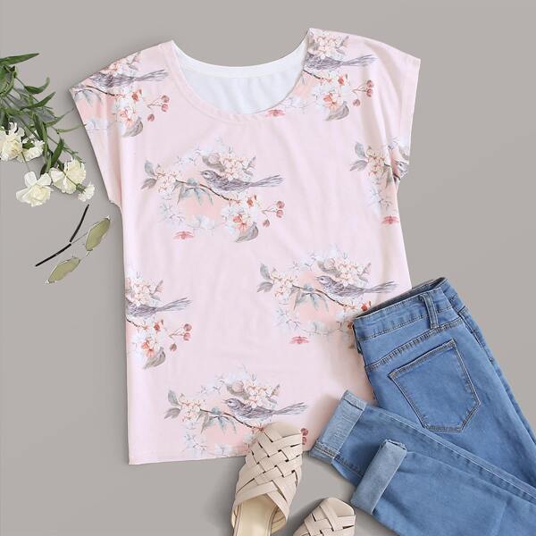 

Floral Print Cap Sleeve Tee, Pink