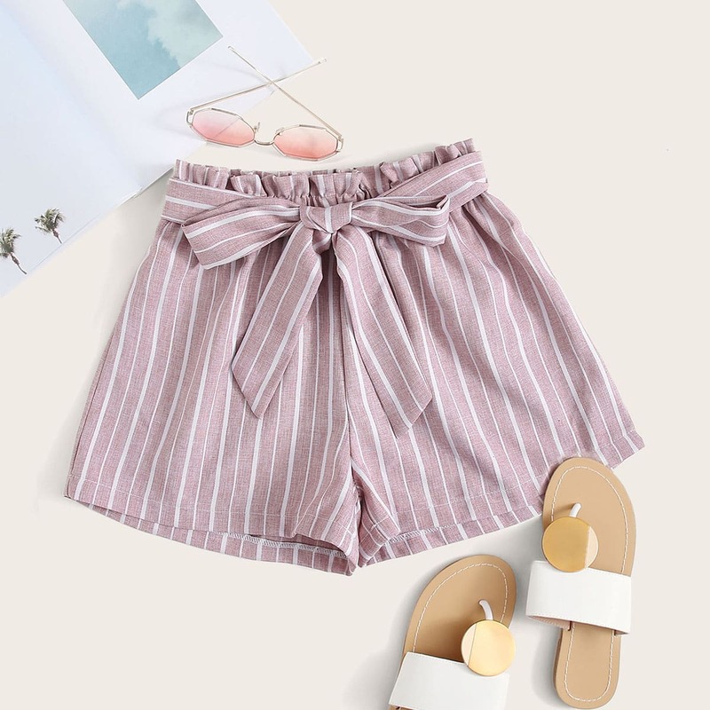 

Paperbag Waist Striped Shorts, Pink