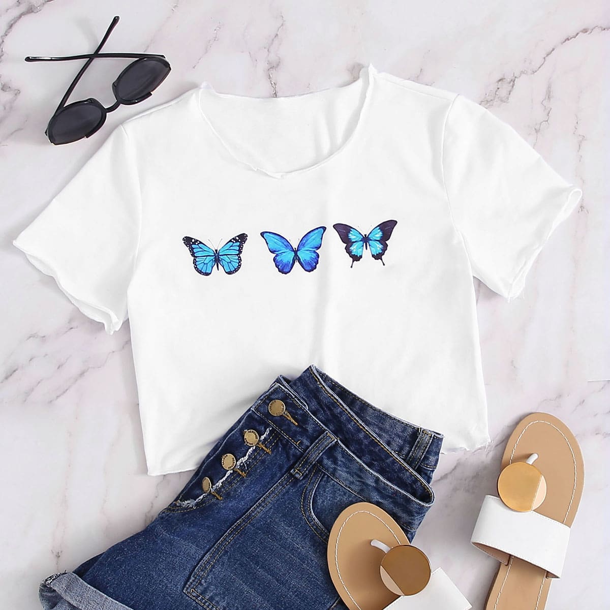 

Butterfly Graphic Lettuce Trim Tee, White