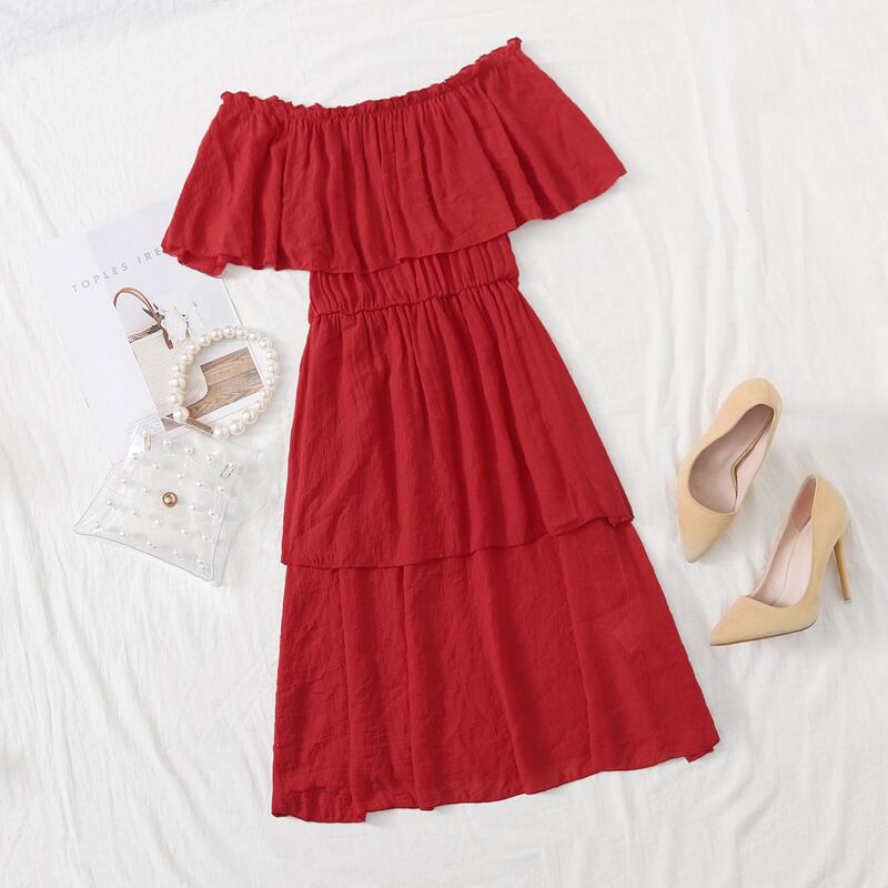 

Flounce Off Shoulder Layered Dress, Red