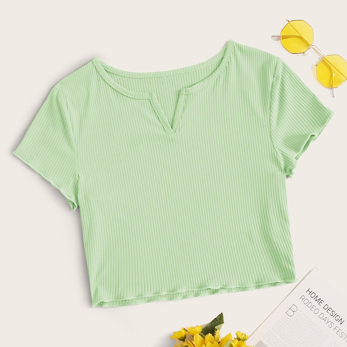 

Notched Neck Ribbed Crop Top, Green