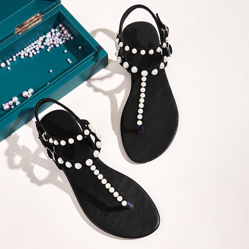 

Faux Pearl Decor Toe Post Sandals, Black