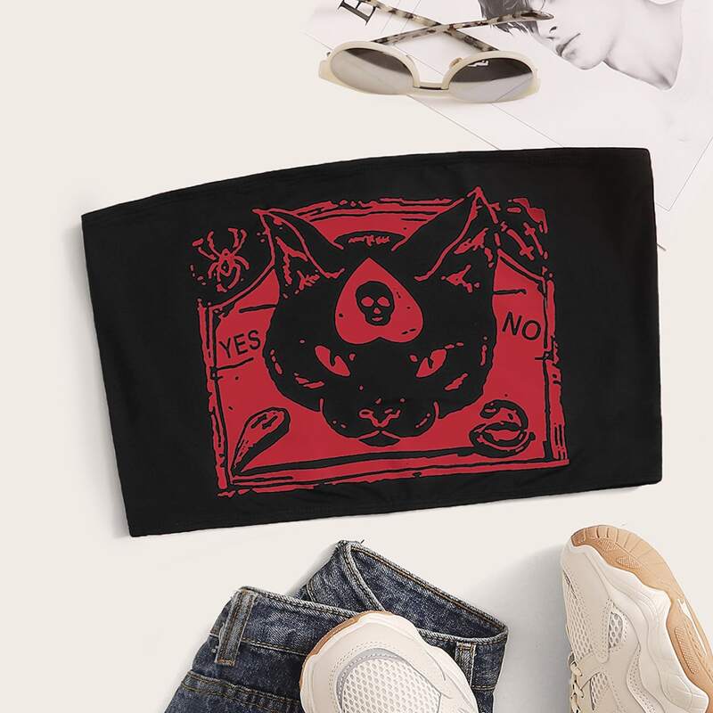 

Cat Graphic Crop Tube Top, Black