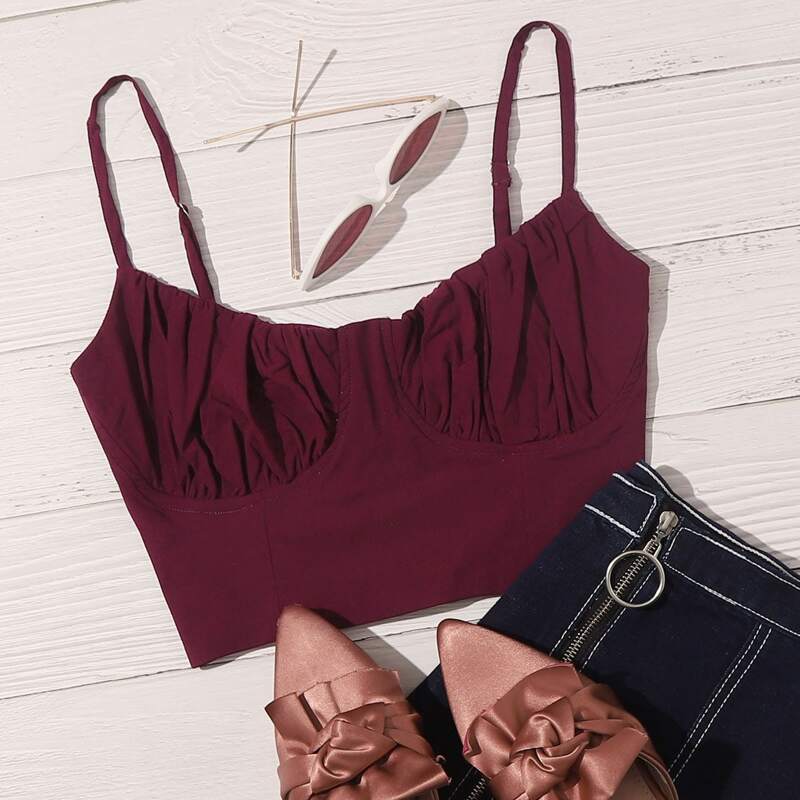 

Lace-Up Back Ruched Bust Crop Cami, Maroon