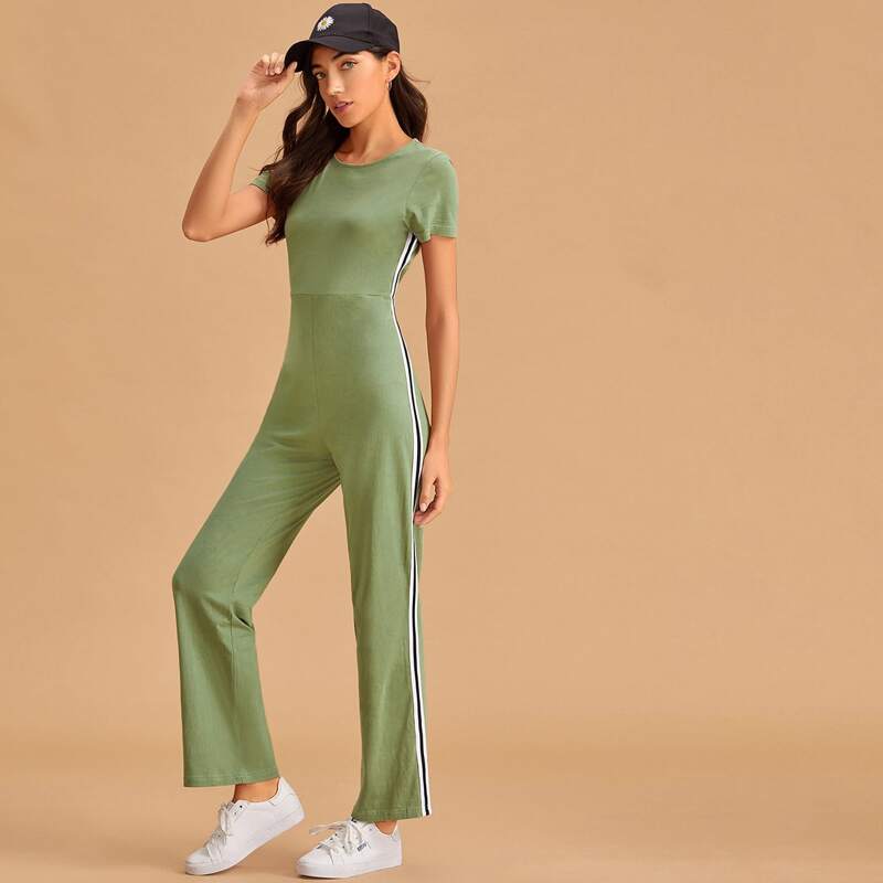 

Side Striped Zipper Back Tee Jumpsuit, Green
