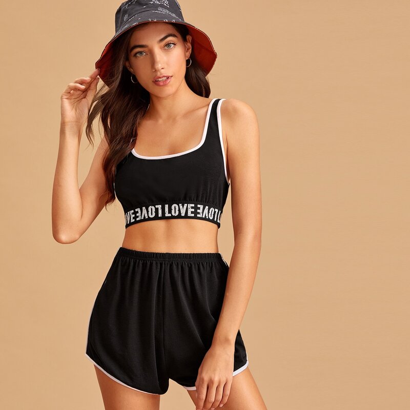 

Letter Tape Contrast Binding Tank & Track Shorts PJ Set, Black