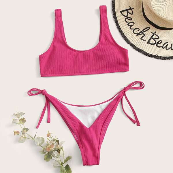 

Rib Tie Side Bikini Swimsuit, Pink