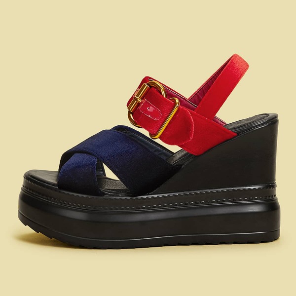 

Buckle Decor Velvet Slingback Wedges, Multicolor