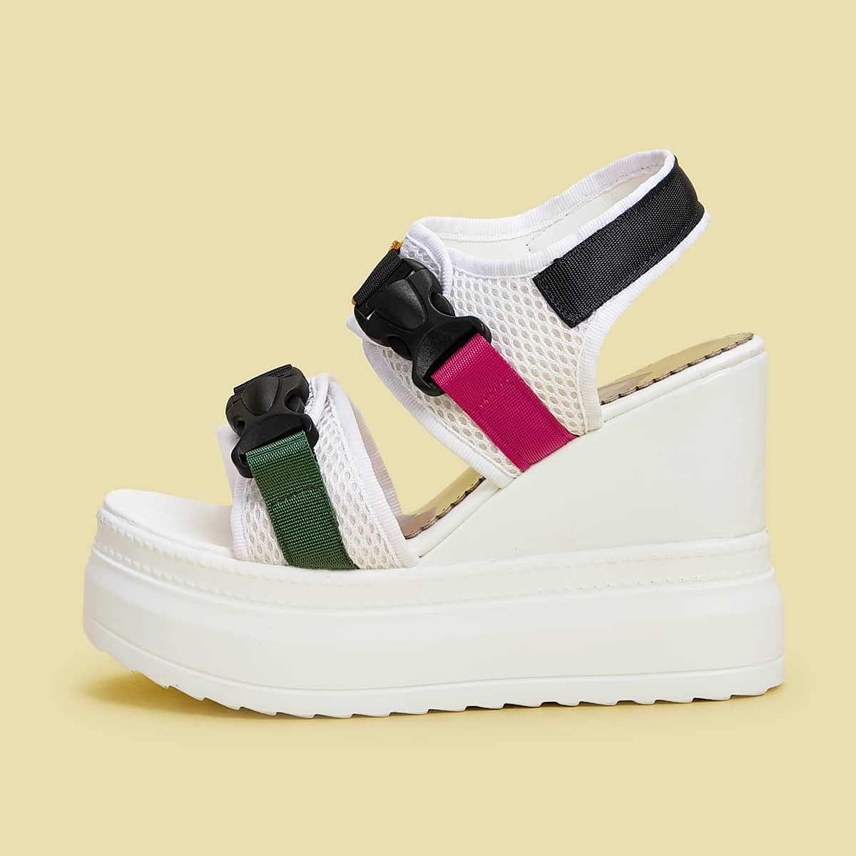 

Release Buckle Decor Mesh Panel Wedges, White