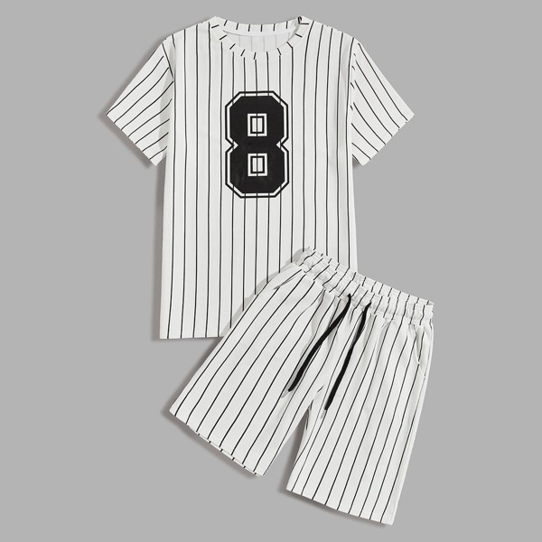 

Men Striped & Number Print Tee With Shorts, White