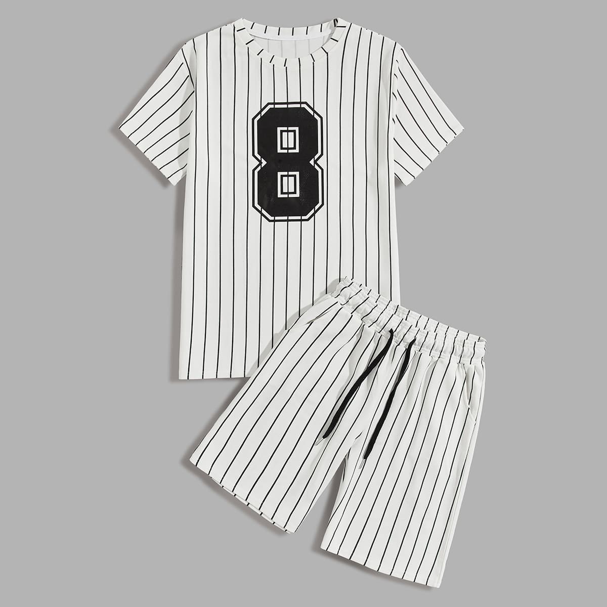 

Guys Striped & Number Print Tee With Shorts, White
