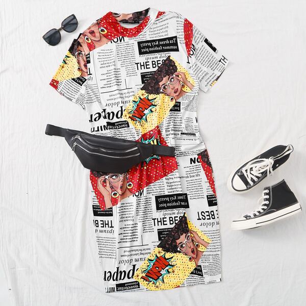 

Plus Figure and Newspaper Print Dress, Multicolor
