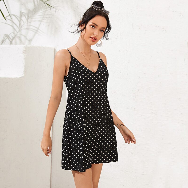 

Double V-Neck Polka Dot Cami Dress, Black