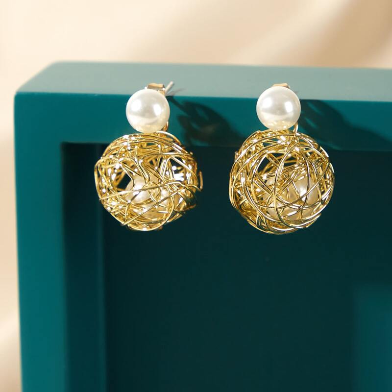 

1pair Faux Pearl Decor Earring Jackets, Gold
