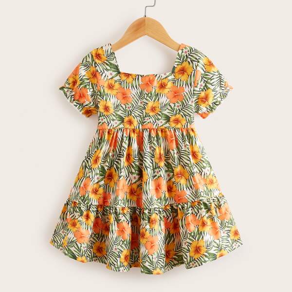 

Toddler Girls Floral & Plants Print Ruffle Hem Smock Dress, Multicolor