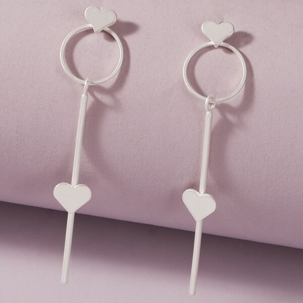 

1pair Heart & Ring Decor Long Drop Earrings, Silver