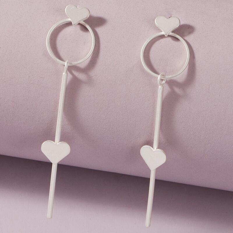 

1pair Heart & Ring Decor Long Drop Earrings, Silver
