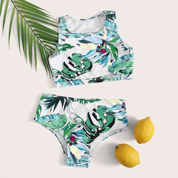 

Girls Tropical Cut-out Bikini Swimsuit, Green