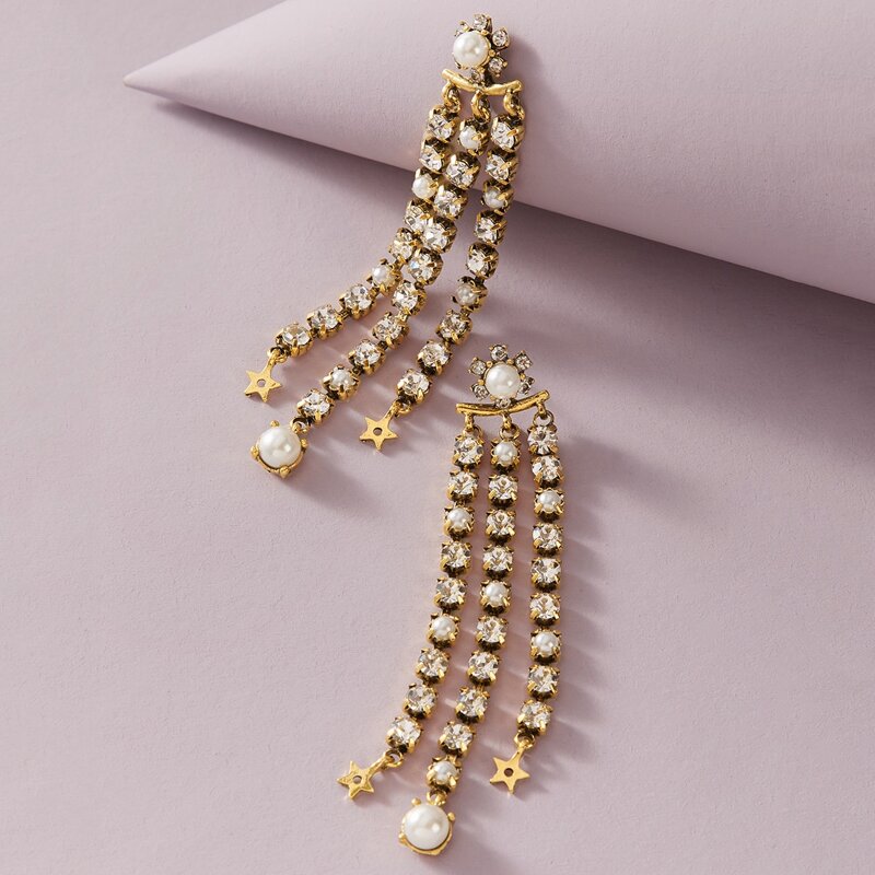 

1pair Rhinestone Engraved Tassel Drop Earrings, Gold