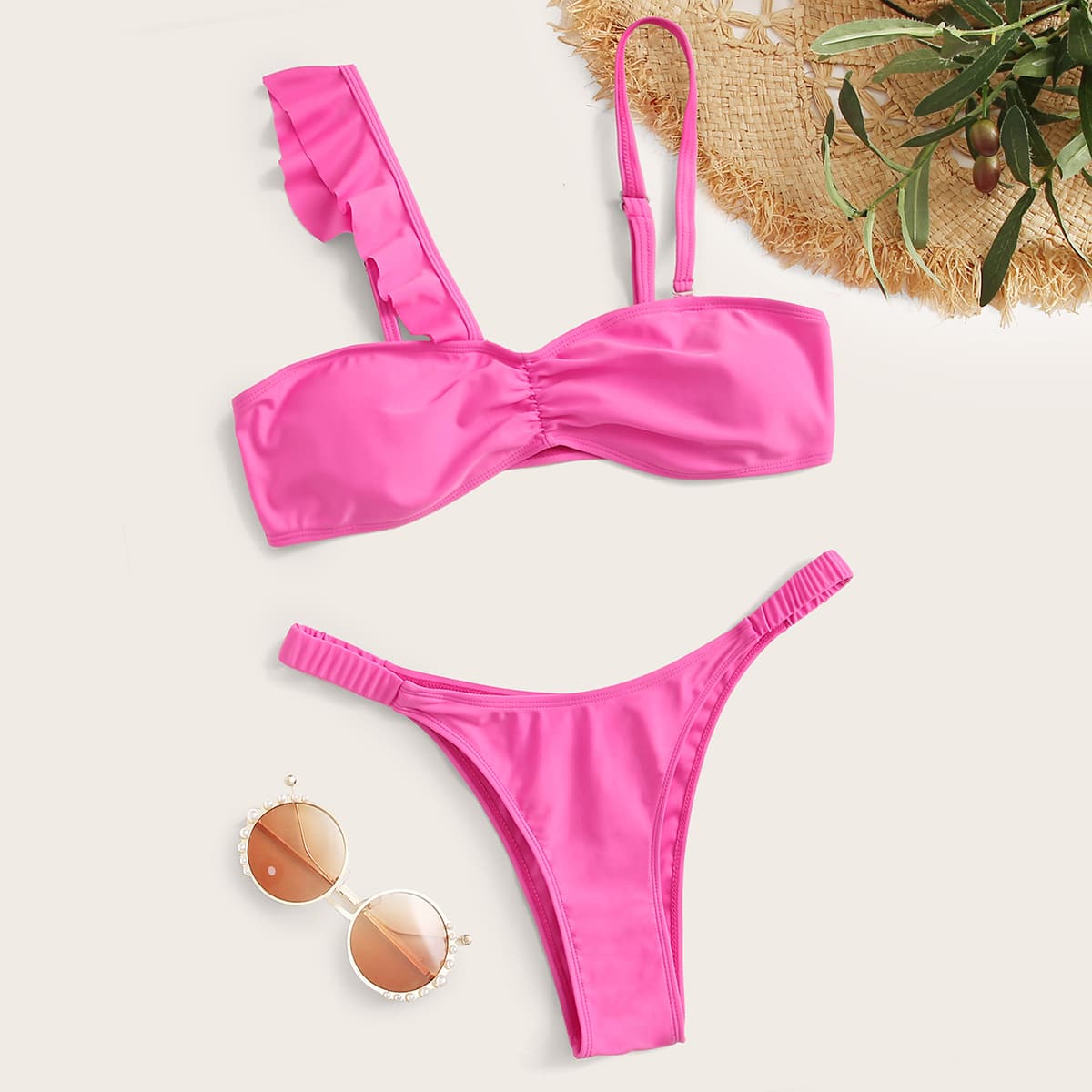 

Ruffle Trim High Leg Bikini Swimsuit, Pink bright