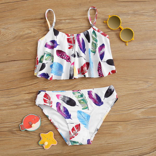 

Girls Feather Print Flounce Bikini Swimsuit, Multicolor