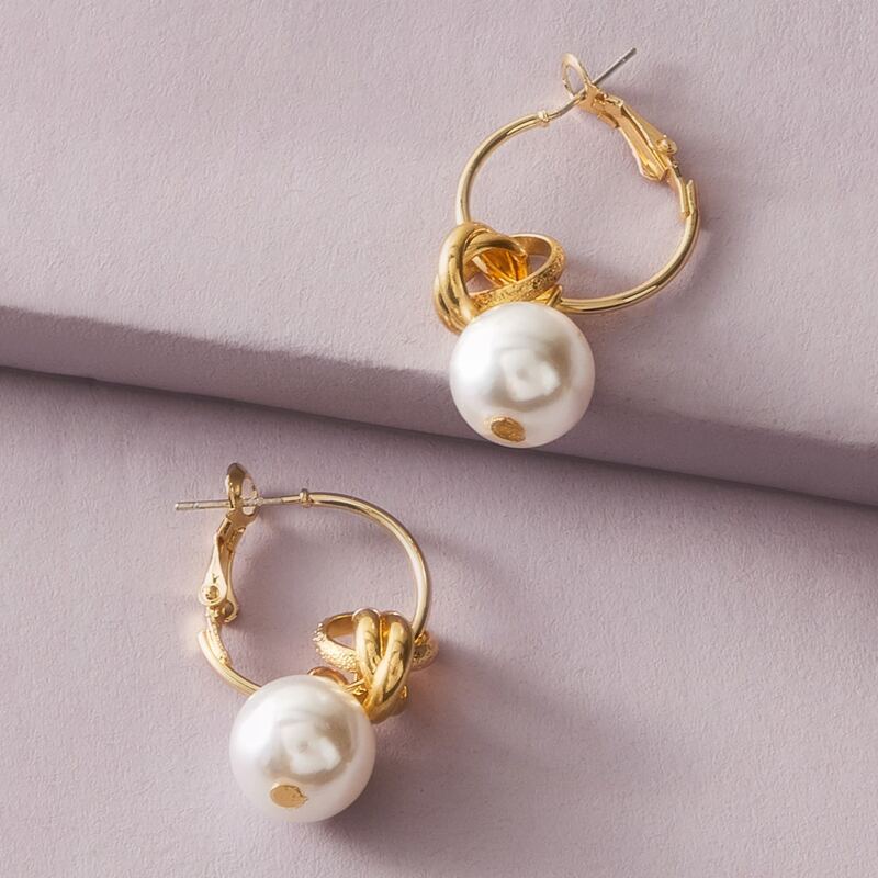 

1pair Faux Pearl & Ring Decor Drop Earrings, Gold