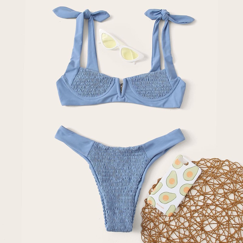 

Smocked V Wired Underwire Thong Bikini Swimsuit, Blue