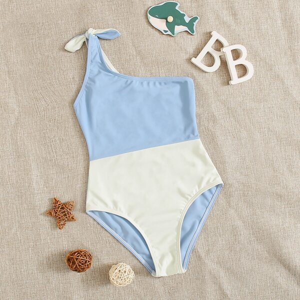 

Girls Two Tone One Shoulder One Piece Swimsuit, Multicolor