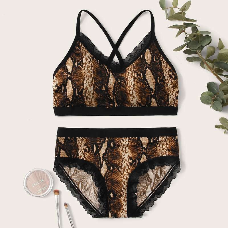 

Snakeskin Lace Trim Lingerie Set, Multicolor