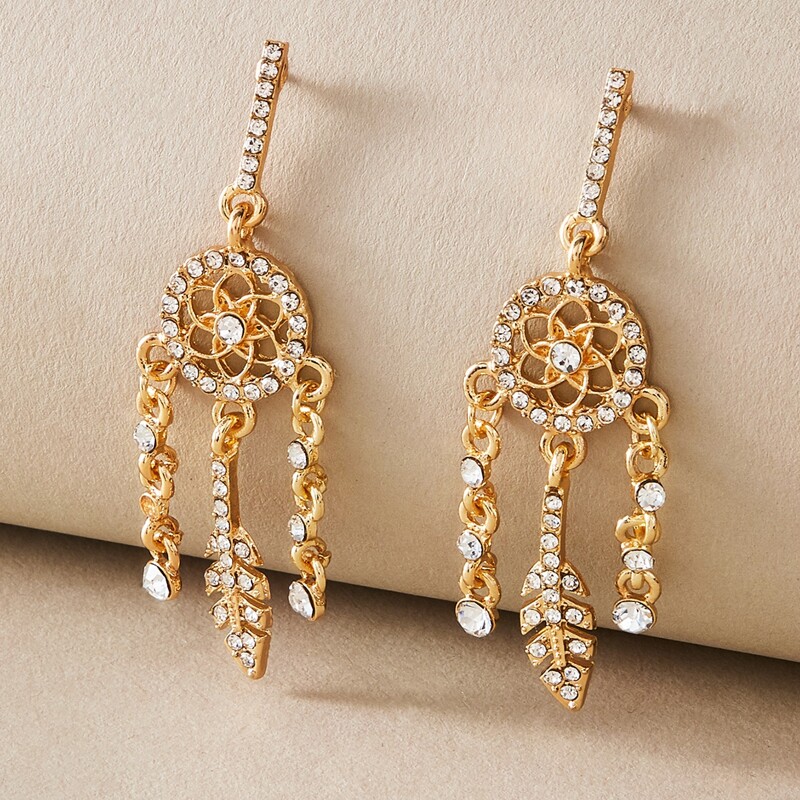 

1pair Rhinestone Engraved Dream Catcher Design Drop Earrings, Gold
