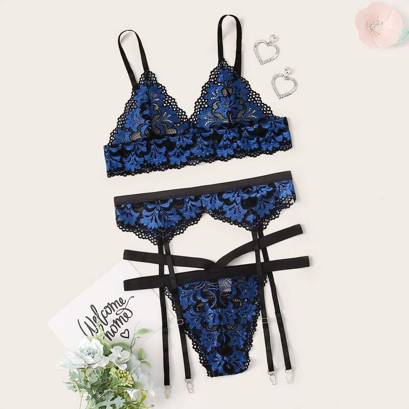 

Floral Lace Garter Lingerie Set, Navy