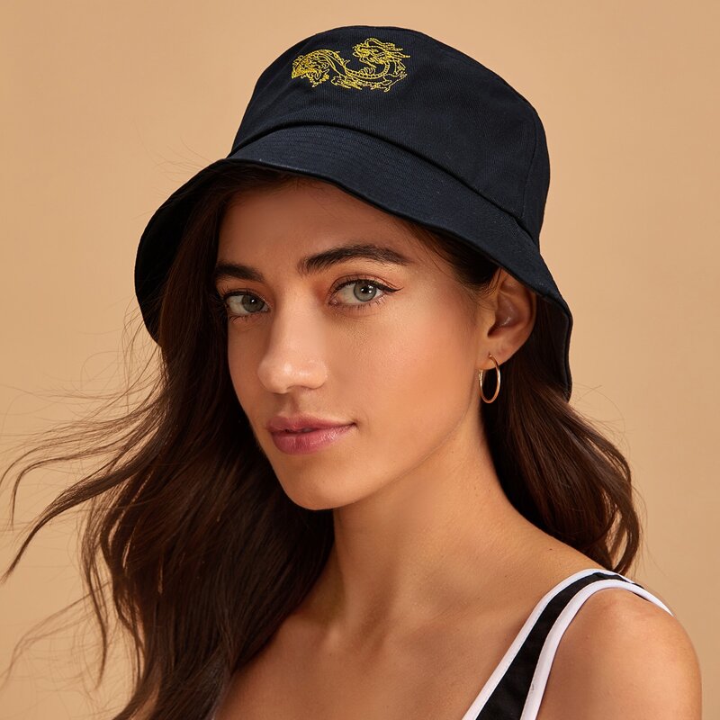 

Embroidered Dragon Bucket Hat, Black