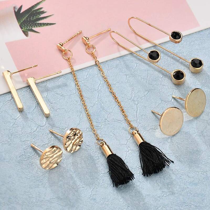 

5pairs Tassel Charm Hammered Detail Round Earrings, Multicolor