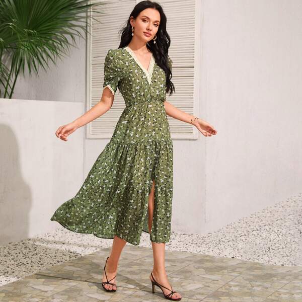 

Ditsy Floral Print Lace Panel Split Thigh Dress, Green