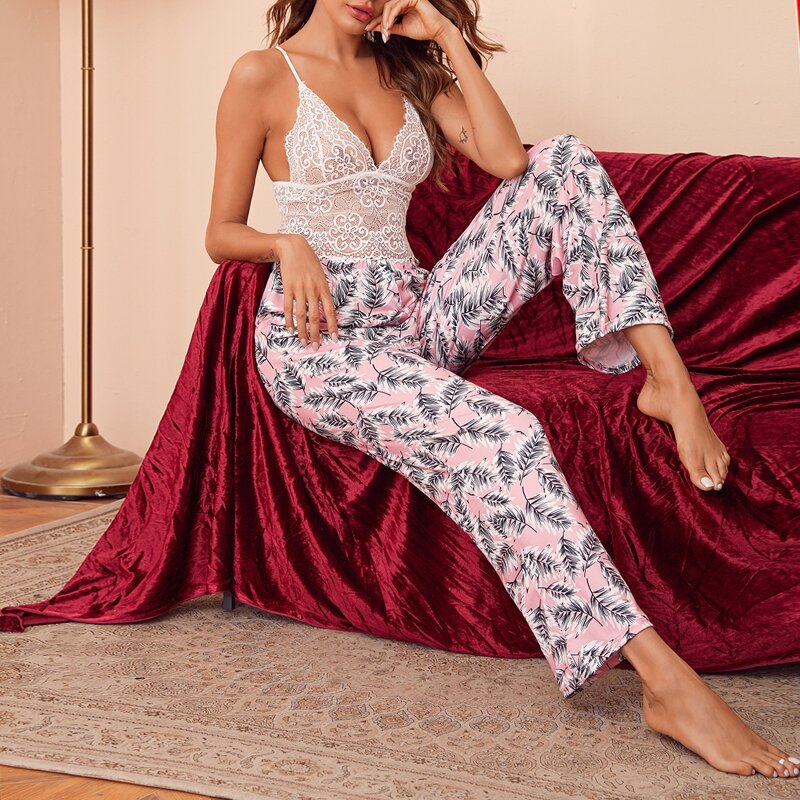 

3pcs Guipure Lace Plants Print PJ Set, Multicolor