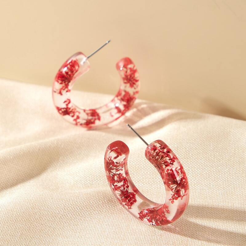 

1pair Flower Decor Clear Hoop Earrings, Red