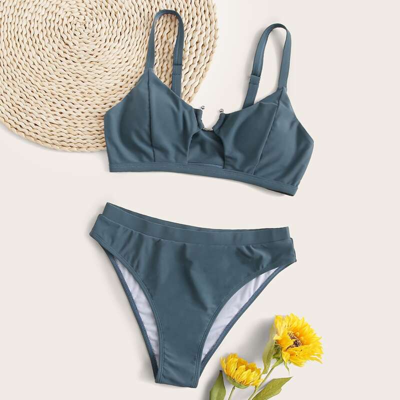 

Ring Cutout High Leg Bikini Swimsuit, Grey