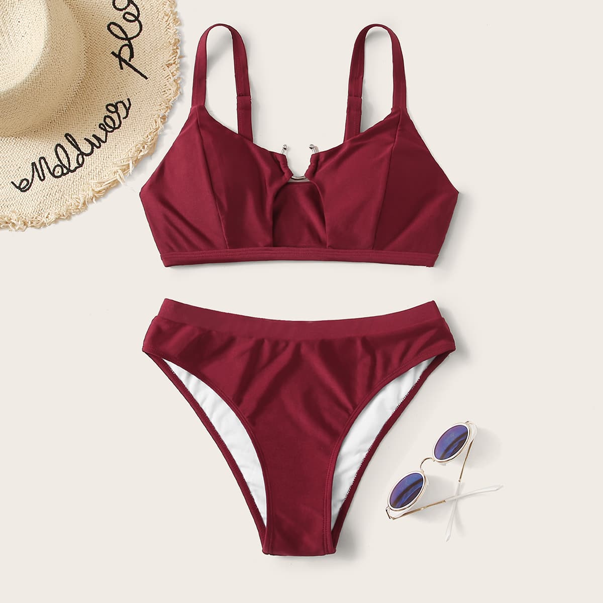 

Ring Cutout High Leg Bikini Swimsuit, Burgundy
