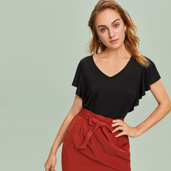

V-neck Butterfly Sleeve Solid Top, Black