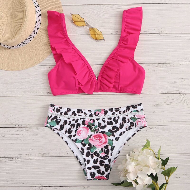

Leopard & Floral Ruffle Bikini Swimsuit, Multicolor