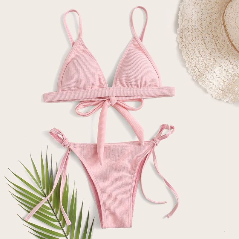 

Ribbed Triangle Tie Side Bikini Swimsuit, Pink